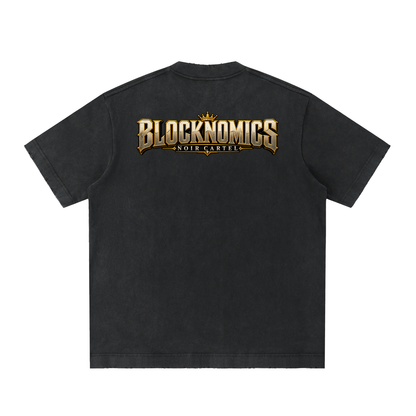 NOIR CARTEL BLOCKNOMICS — Block Minded Heavyweight Vintage Washed Frayed Tee — Black