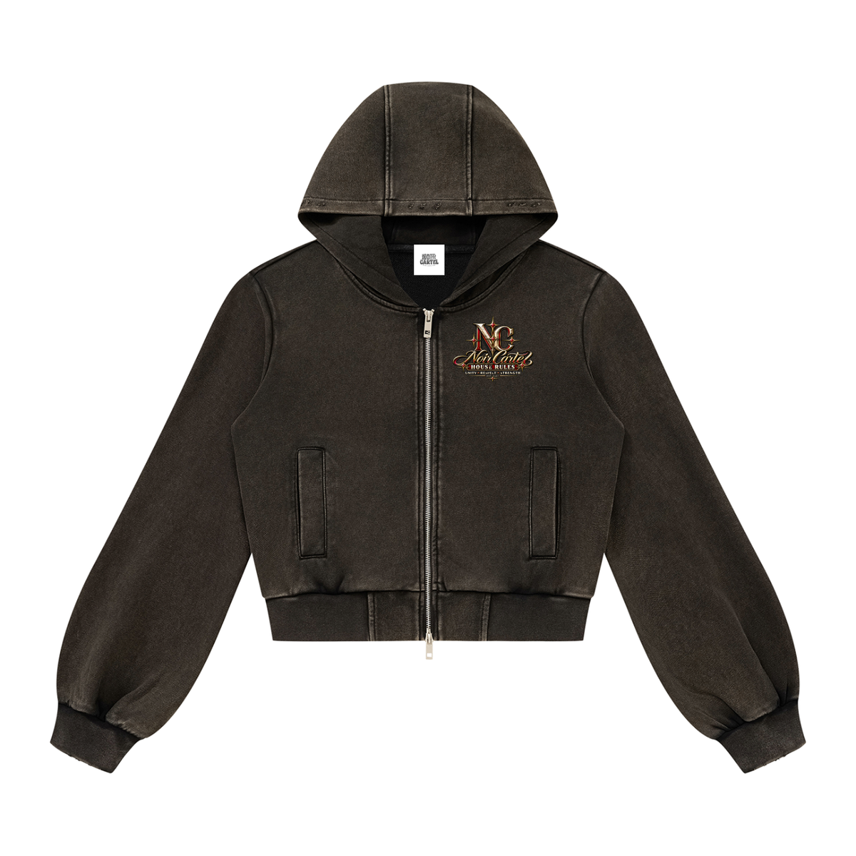 NOIR CARTEL DIAMONDS — Crowned Script Black Full-Zip Hoodie front
