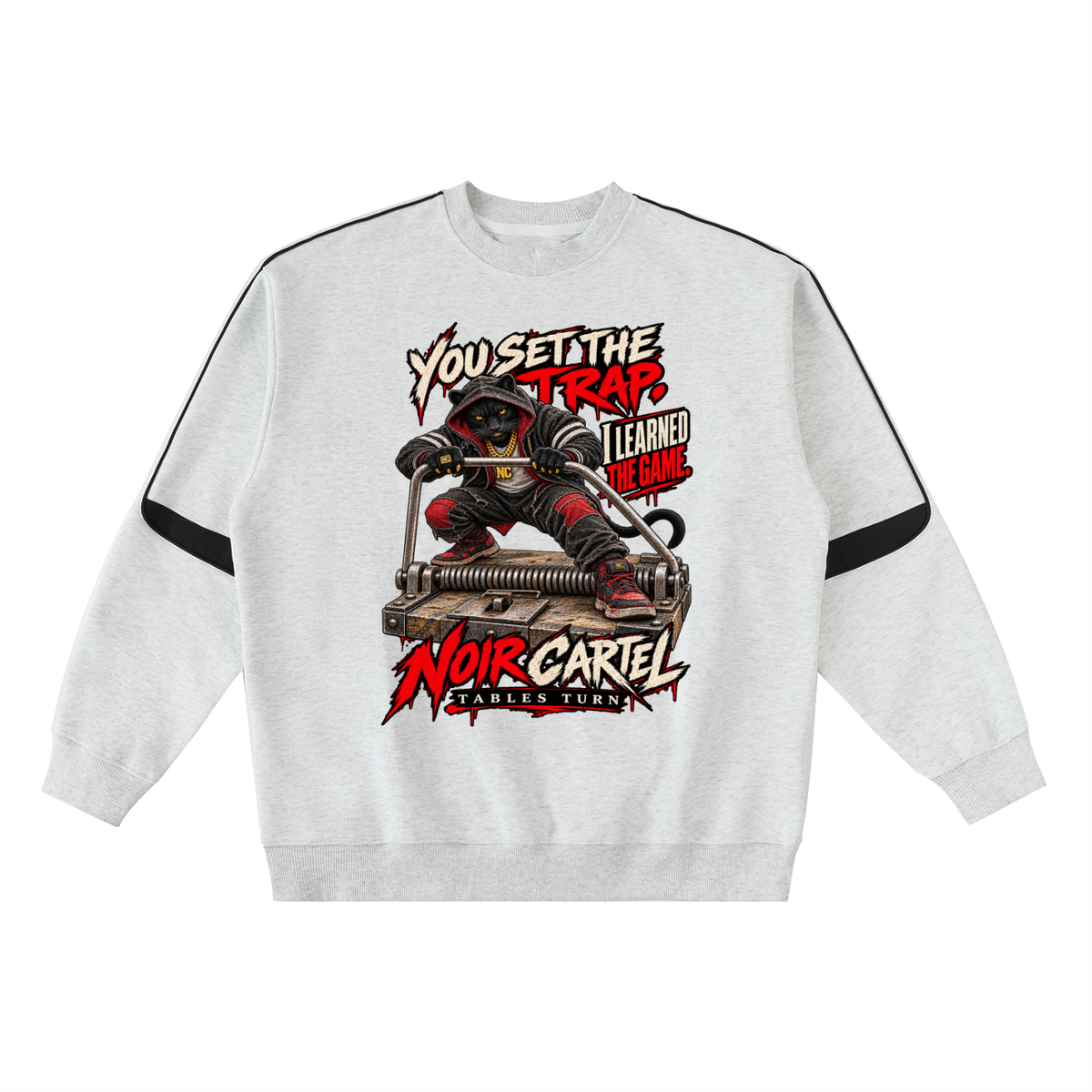 NOIR CARTEL TABLES TURN — You Set the Trap Oversized Crewneck Taped Sweatshirt — White Gray