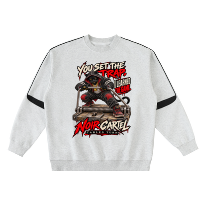NOIR CARTEL TABLES TURN — You Set the Trap Oversized Crewneck Taped Sweatshirt — White Gray