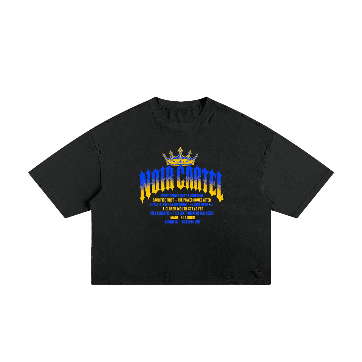 NOIR CARTEL MADE MEN — Blood Oath — Royal & Gold Frayed Boxy Tee — Black