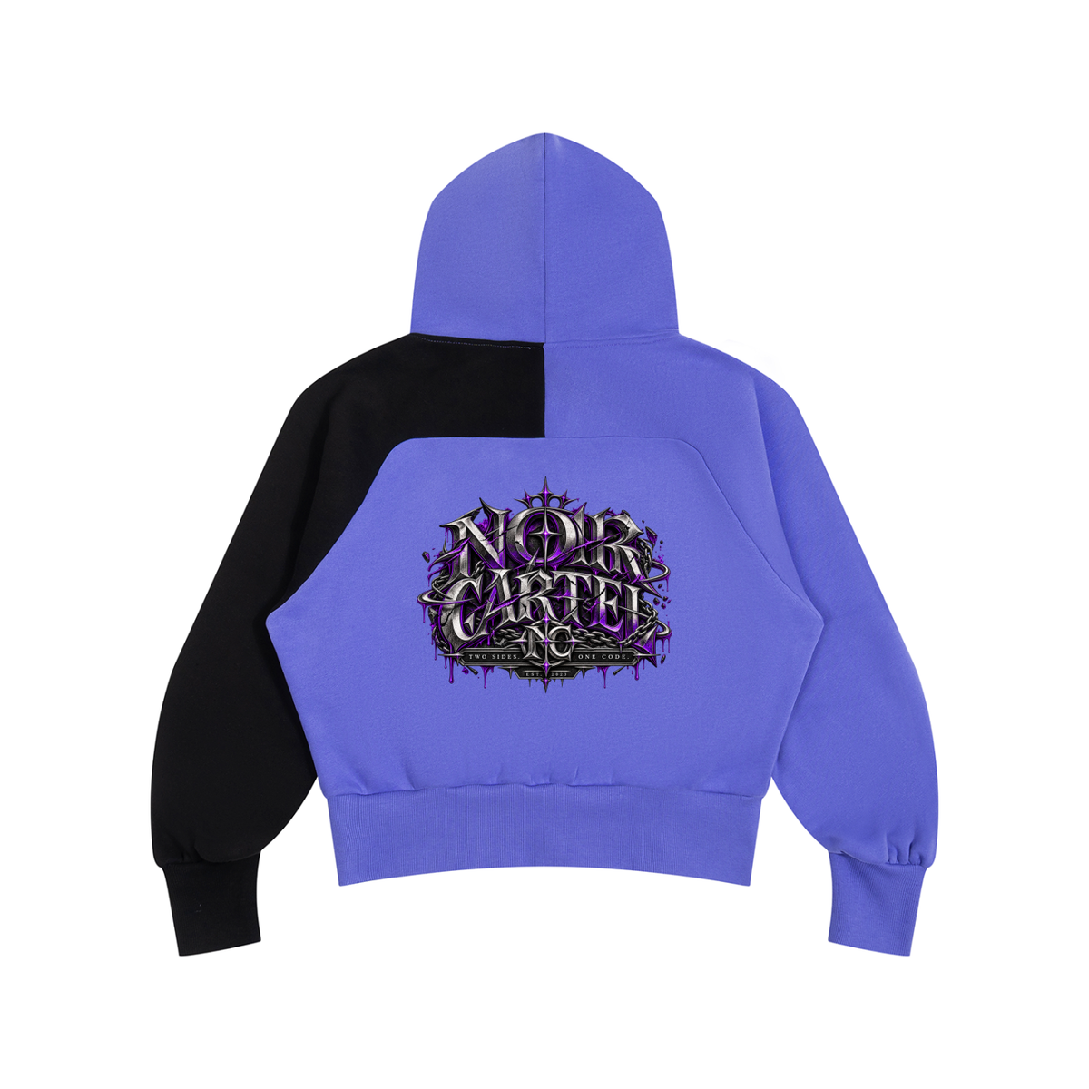NOIR CARTEL SYNDICATE — House Rules — Purple & Black Color-Block Fleece Hoodie — Purple with Black