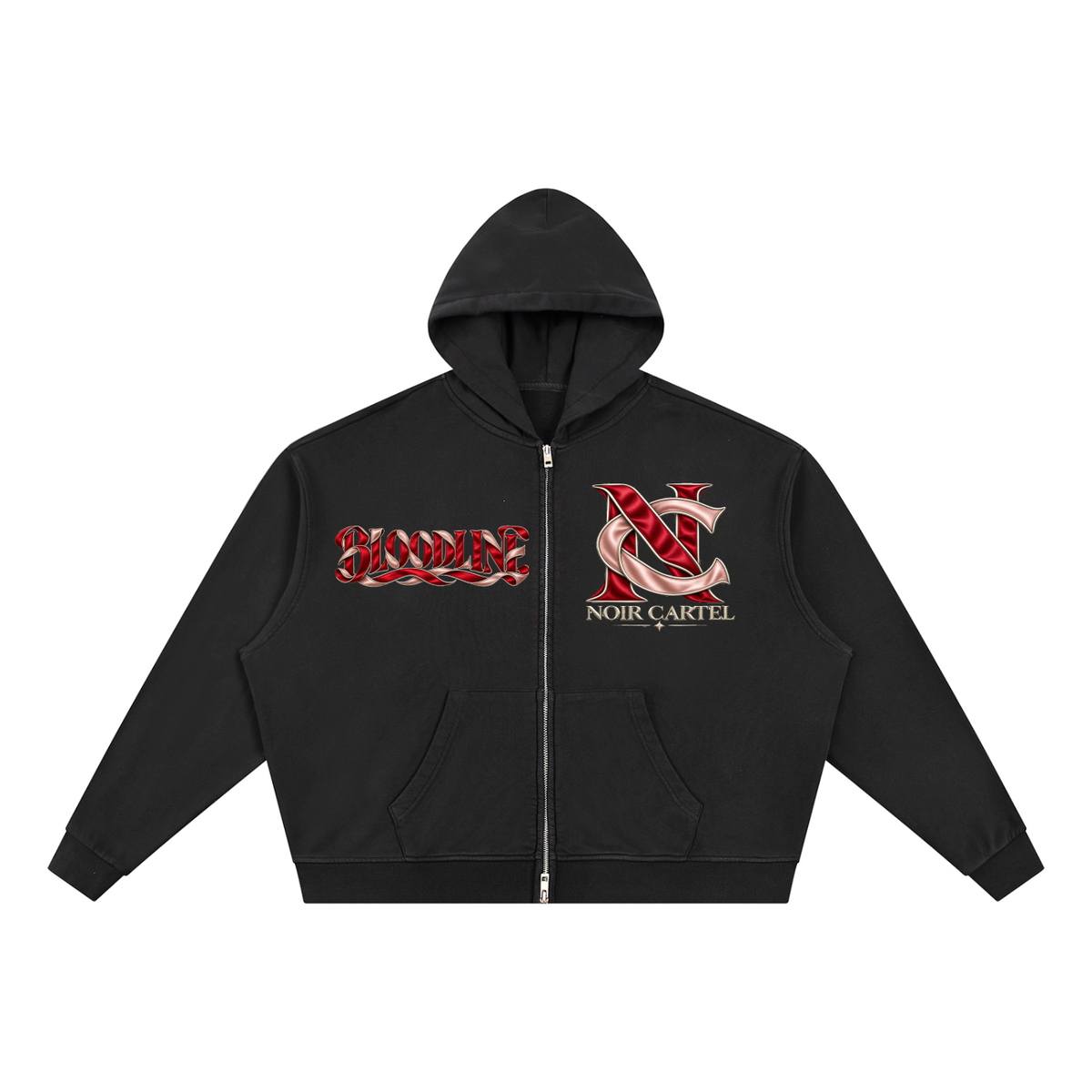 NOIR CARTEL SYNDICATE — Bloodline Vintage Wash Full Zip Boxy Hoodie — Black