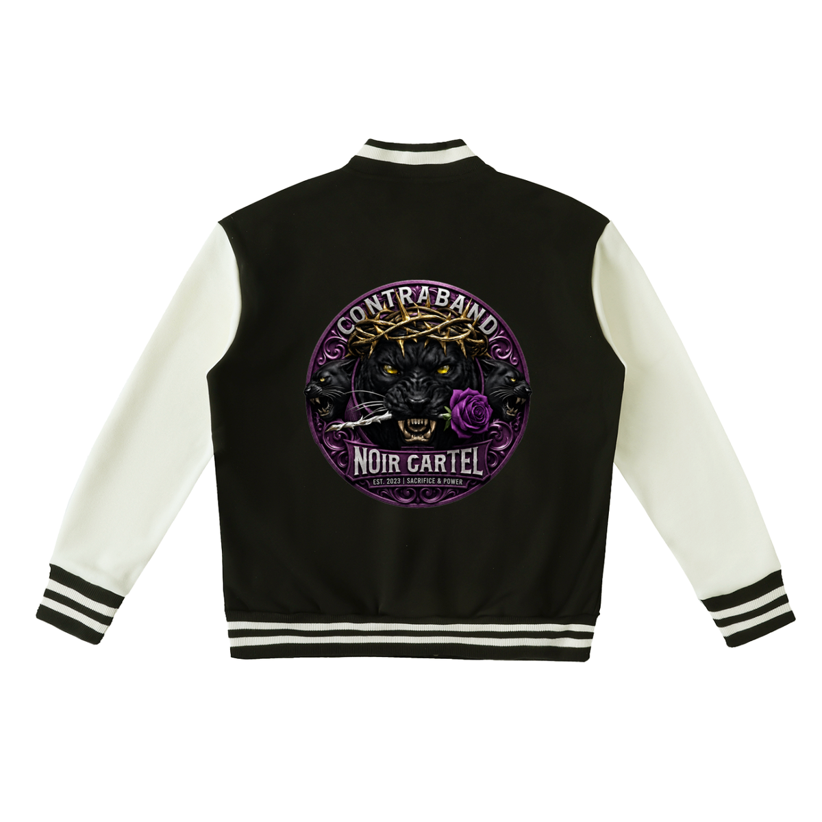 NOIR CARTEL CONTRABAND — Two-Tone Fleeced Varsity Jacket — Black & Bone