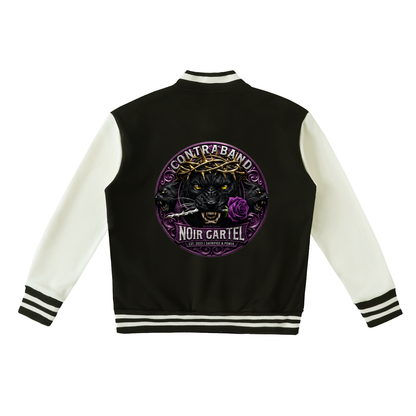 NOIR CARTEL CONTRABAND — Two-Tone Fleeced Varsity Jacket — Black & Bone