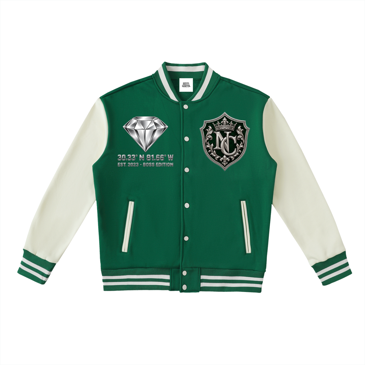 Noir Cartel Made Men Fleeced Varsity Jacket — The Money Syndicate | Emerald & Bone