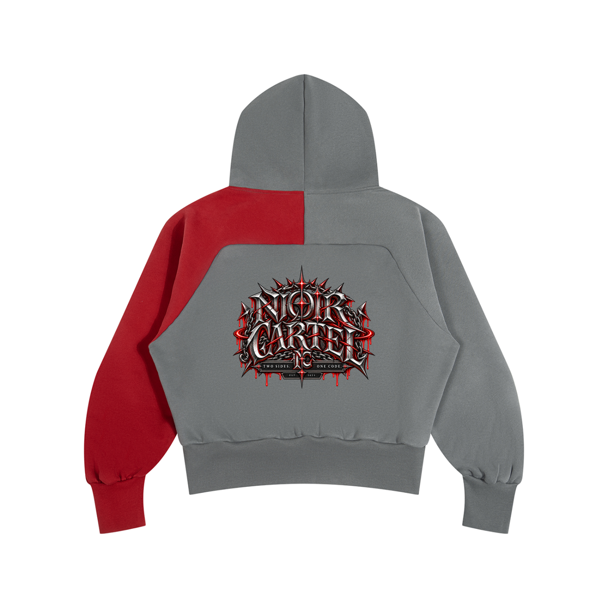 NOIR CARTEL SYNDICATE — House Rules — Gray & Red Color-Block Fleece Hoodie — Dark Gray with Red
