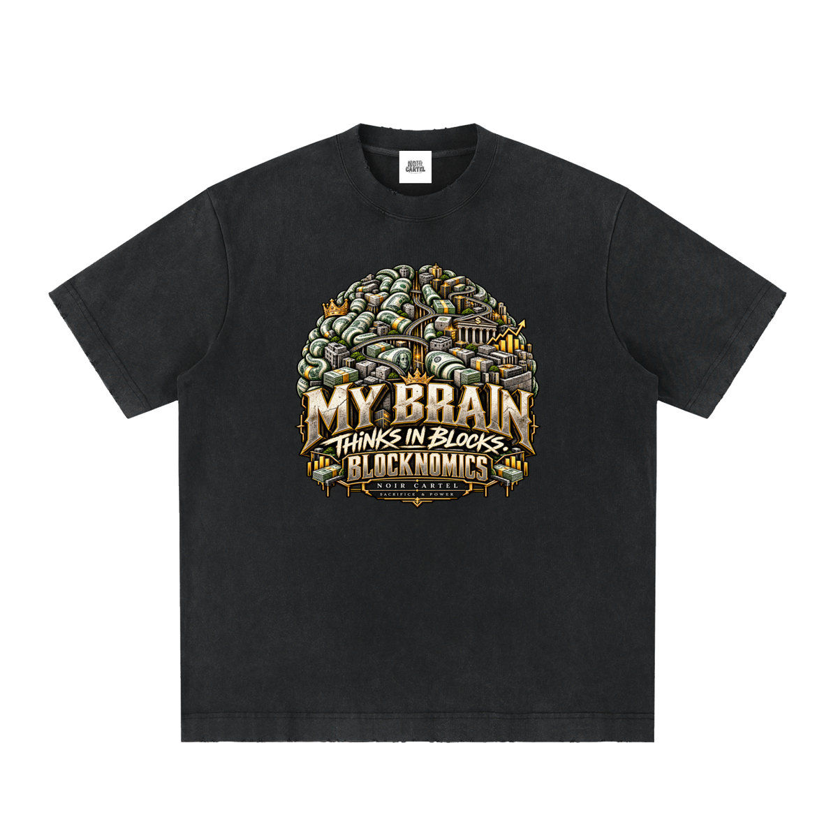 NOIR CARTEL BLOCKNOMICS — Block Minded Heavyweight Vintage Washed Frayed Tee — Black