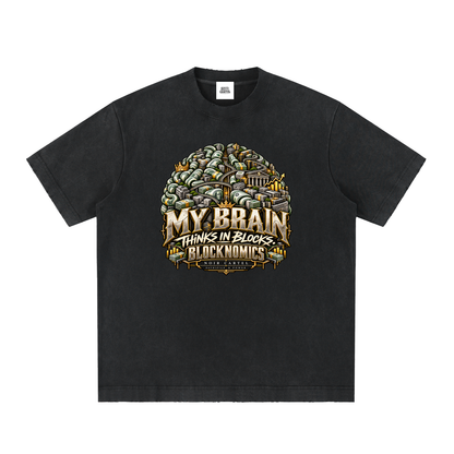 NOIR CARTEL BLOCKNOMICS — Block Minded Heavyweight Vintage Washed Frayed Tee — Black