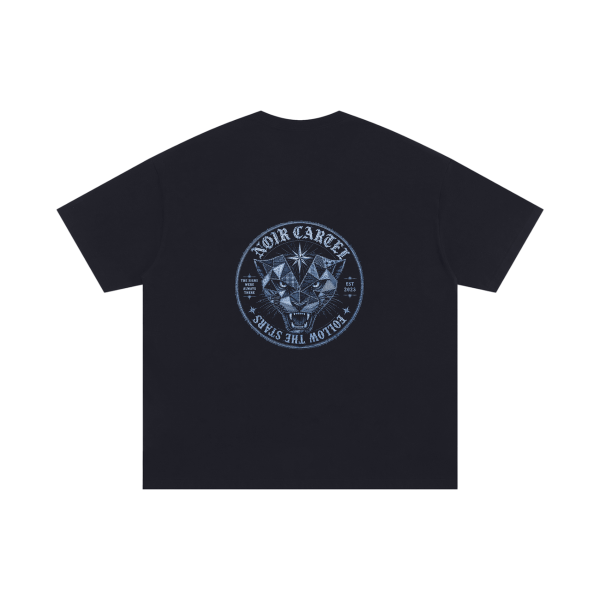 NOIR CARTEL QUILTED CODE — Follow the Stars — Ice Blue Oversized Cotton Tee — Black