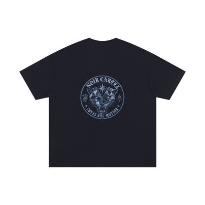 NOIR CARTEL QUILTED CODE — Follow the Stars — Ice Blue Oversized Cotton Tee — Black