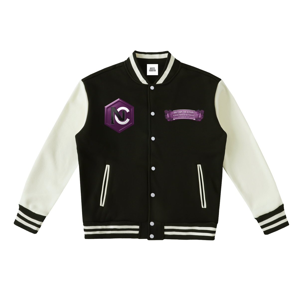 NOIR CARTEL CONTRABAND — Two-Tone Fleeced Varsity Jacket — Black & Bone