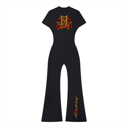 NOIR CARTEL DIAMONDS — Rose Crown Women's Tight Flared Leg Quarter-Zip Jumpsuit — Black
