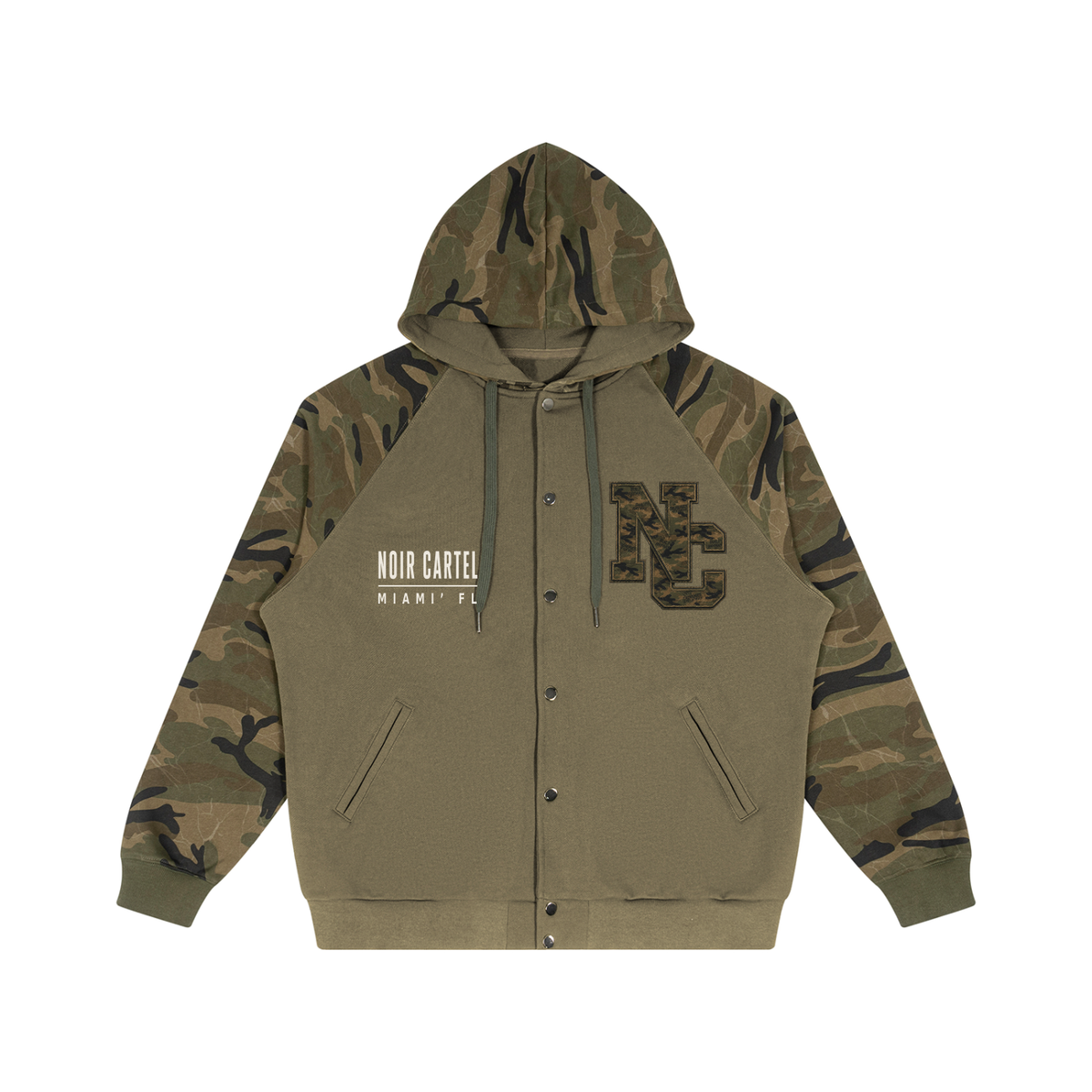 NOIR CARTEL FRENEMIES — Worldwide Camo Camo-Splice Raglan Snap-Front Hoodie