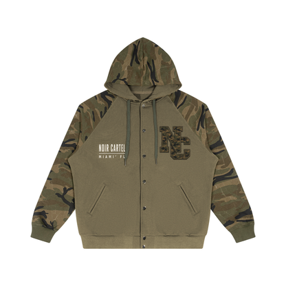 NOIR CARTEL FRENEMIES — Worldwide Camo Camo-Splice Raglan Snap-Front Hoodie