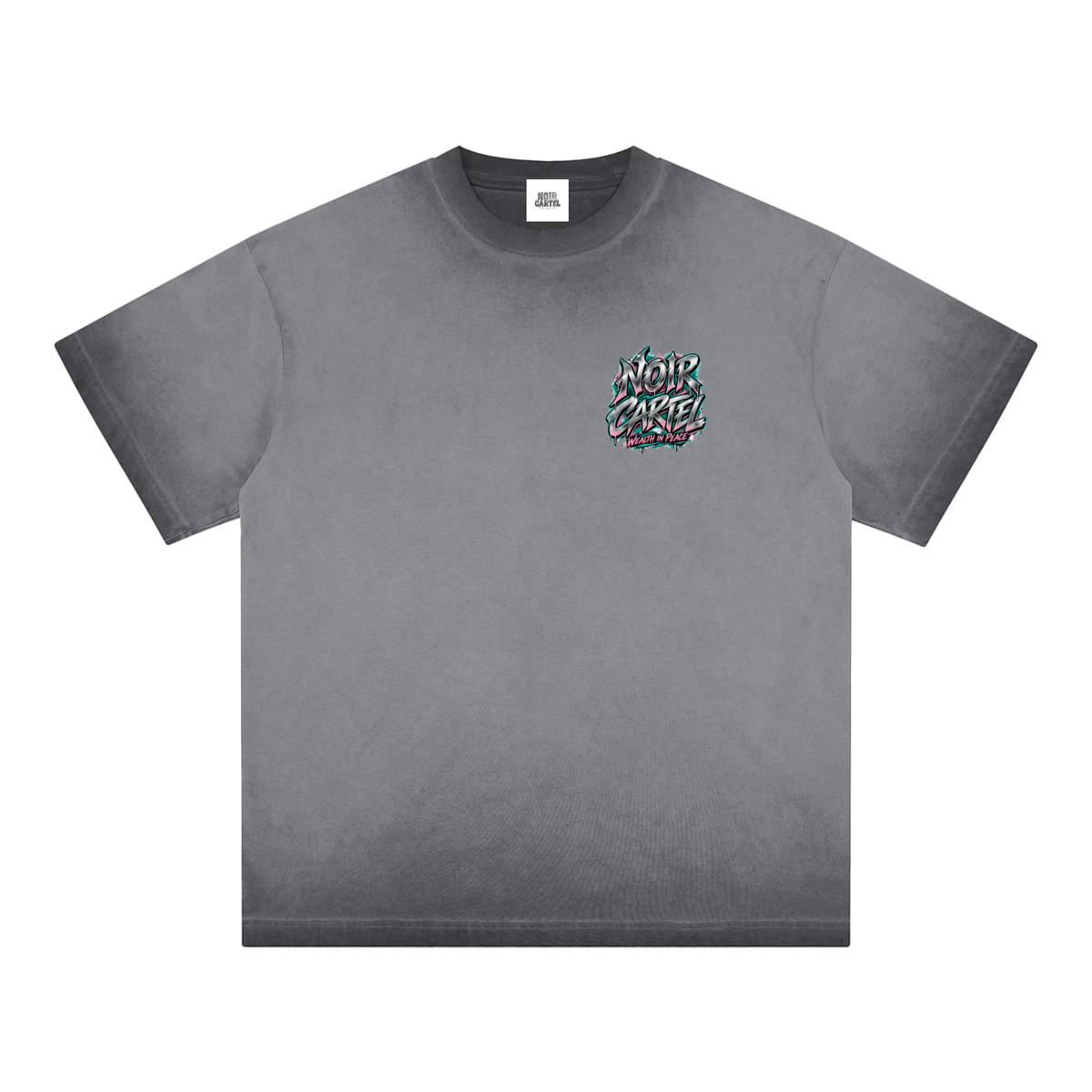 NOIR CARTEL SYNDICATE — Wealth in Peace Dark Gray Reverse-Dyed Tee front