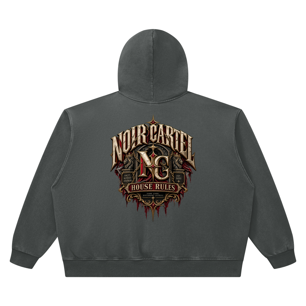 NOIR CARTEL SYNDICATE — House Rules 420 GSM Vintage-Wash Hoodie — Dark Gray