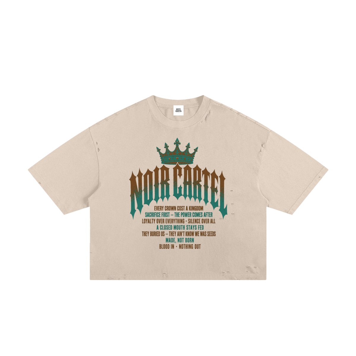 NOIR CARTEL MADE MEN — Blood Oath — Teal & Copper Frayed Boxy Tee
