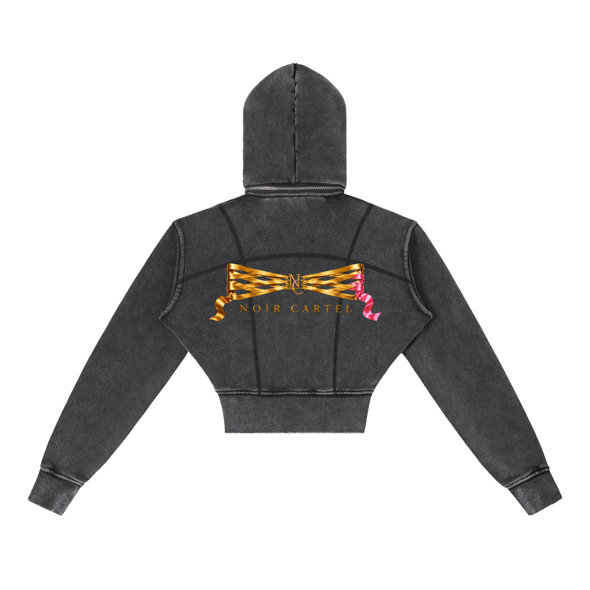 NOIR CARTEL DIAMONDS — Heart Ties Women's Cropped Fleece Hoodie — Washed Black