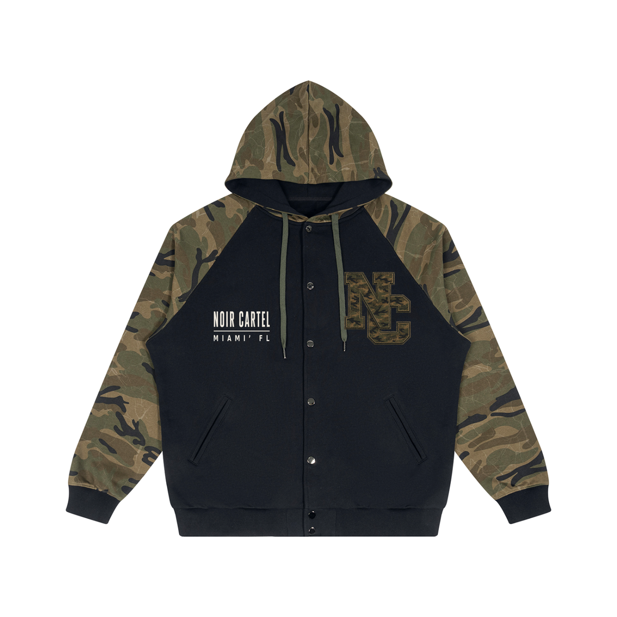 NOIR CARTEL FRENEMIES — Worldwide Camo Camo-Splice Raglan Snap-Front Hoodie