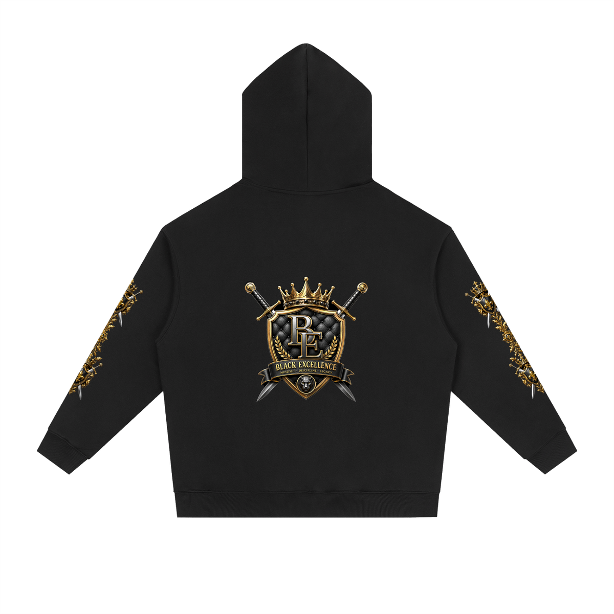 NOIR CARTEL BLACK EXCELLENCE — Crowned BE — Gold Essential Heavyweight Drop-Shoulder Hoodie — Black