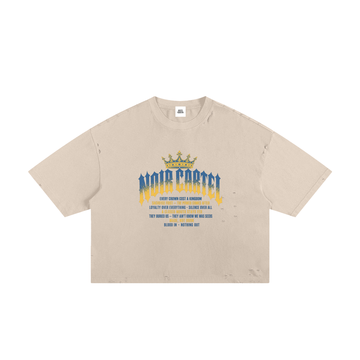 NOIR CARTEL MADE MEN — Blood Oath — Sky Blue & Gold Frayed Boxy Tee