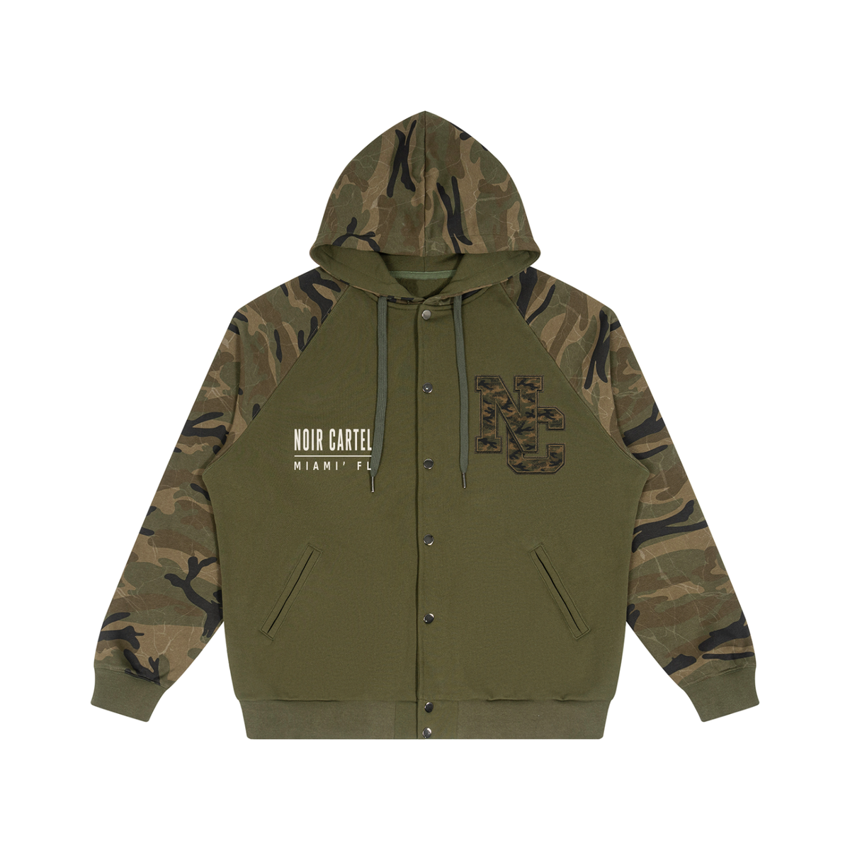 NOIR CARTEL FRENEMIES — Worldwide Camo Camo-Splice Raglan Snap-Front Hoodie