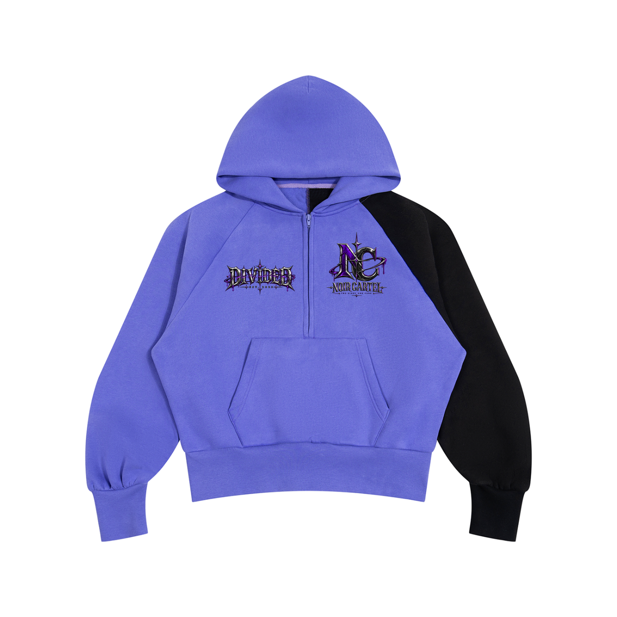 NOIR CARTEL SYNDICATE — House Rules — Purple & Black Color-Block Fleece Hoodie — Purple with Black