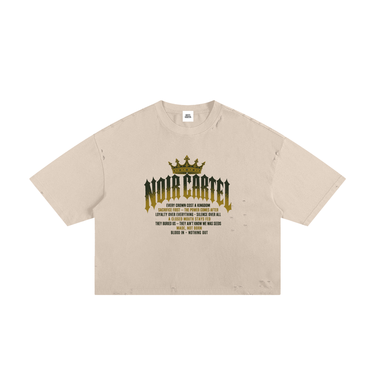 NOIR CARTEL MADE MEN — Blood Oath — Olive & Gold Frayed Boxy Tee