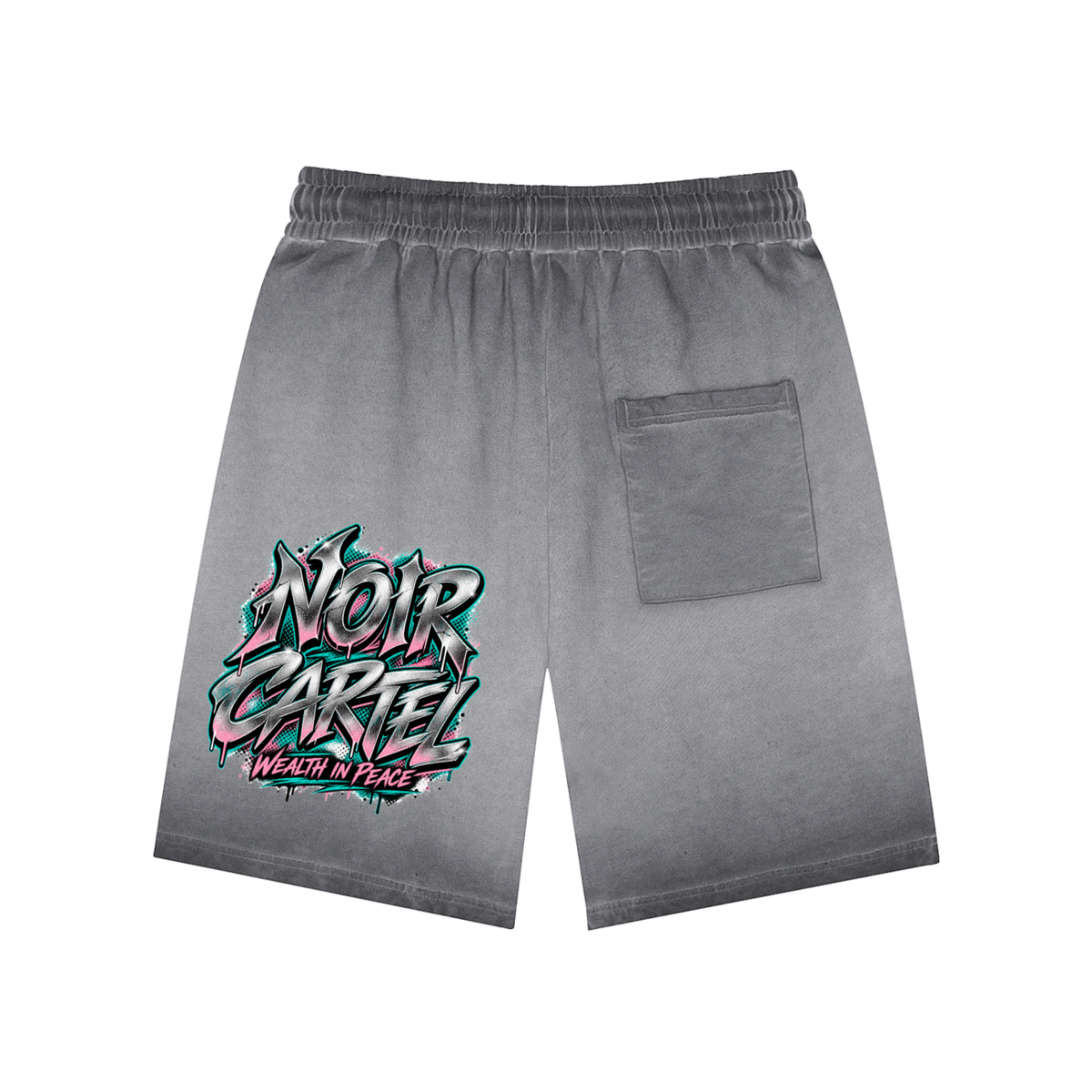 NOIR CARTEL SYNDICATE — Wealth in Peace Dark Gray Reverse-Dyed Shorts back