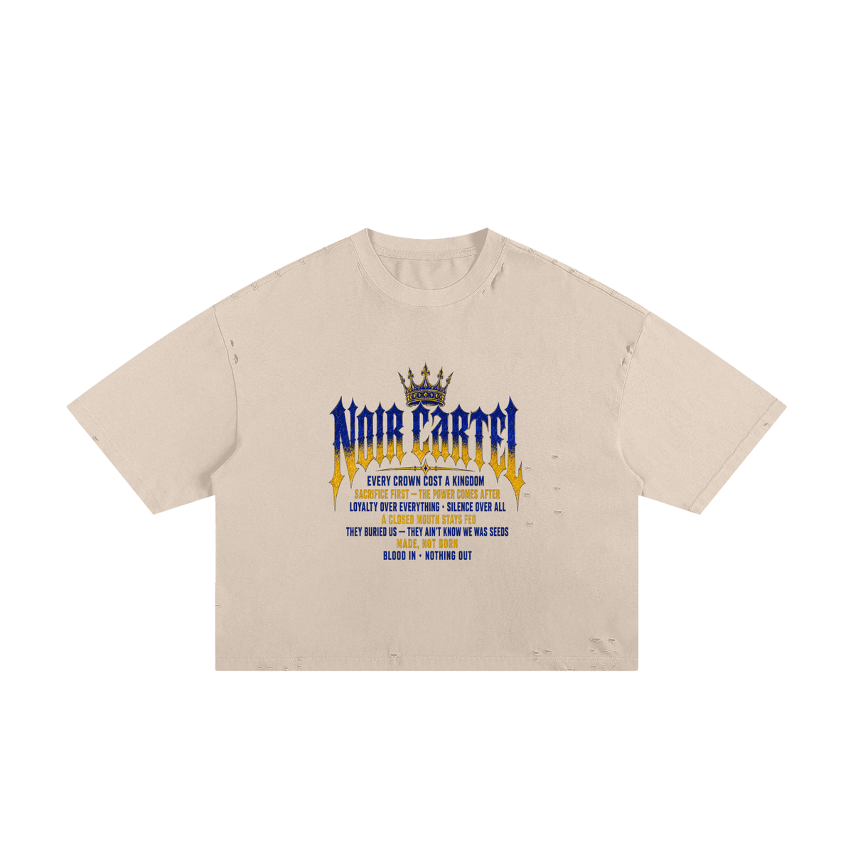 NOIR CARTEL MADE MEN — Blood Oath — Blue & Gold Frayed Boxy Tee — Apricot