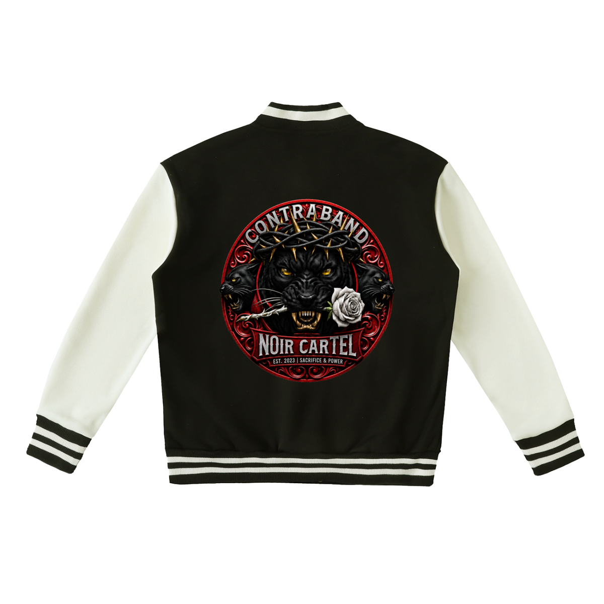 NOIR CARTEL CONTRABAND — Blood Money Varsity Jacket — Black with White