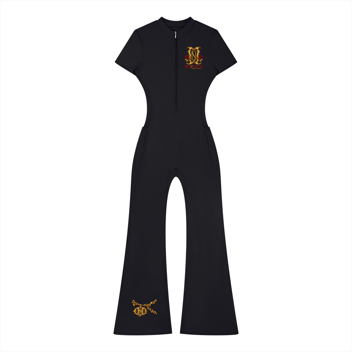 NOIR CARTEL DIAMONDS — Rose Crown Women's Tight Flared Leg Quarter-Zip Jumpsuit — Black