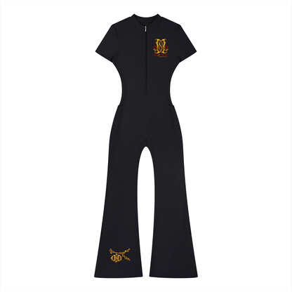 NOIR CARTEL DIAMONDS — Rose Crown Women's Tight Flared Leg Quarter-Zip Jumpsuit — Black