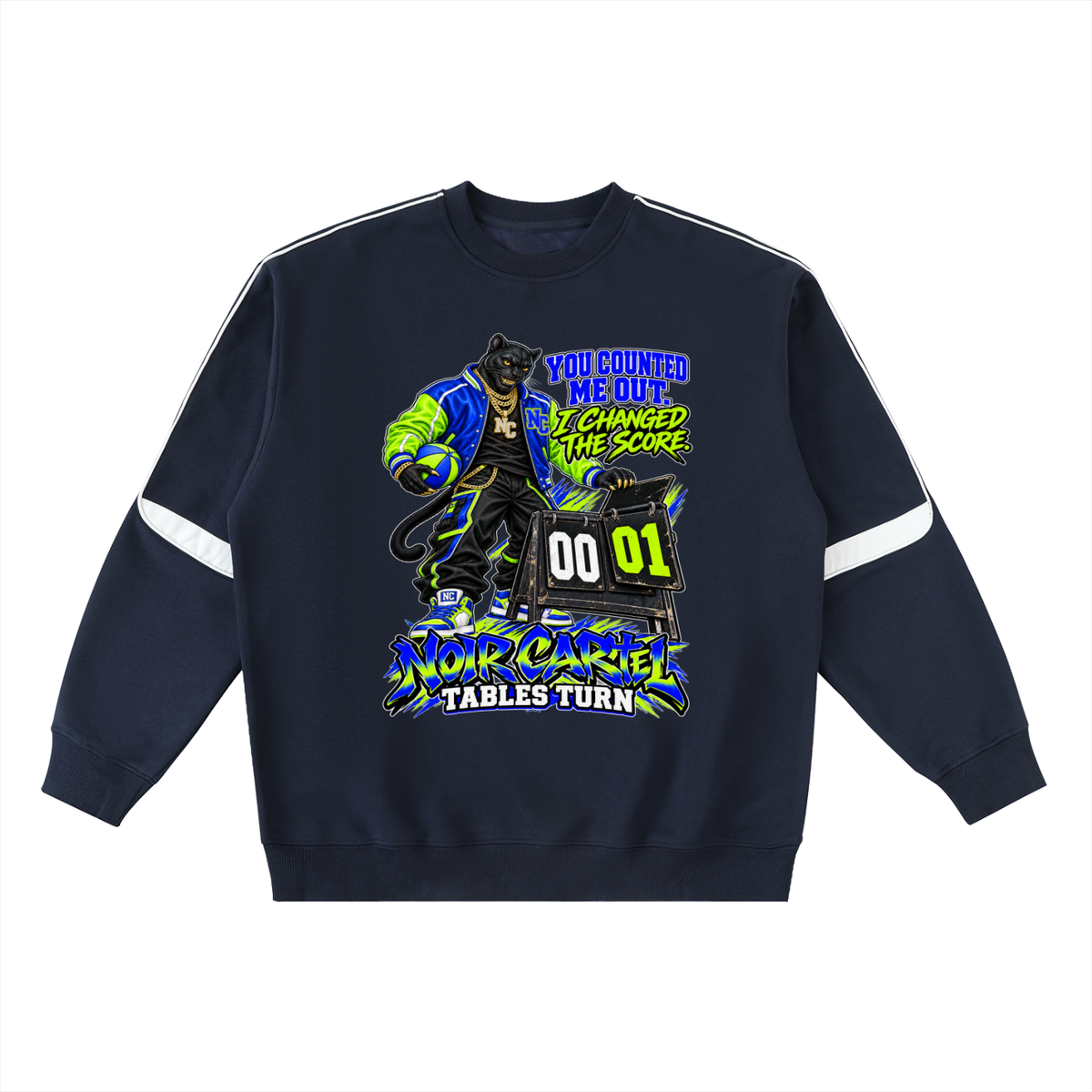 NOIR CARTEL TABLES TURN — I Changed the Score Oversized Crewneck Taped Sweatshirt — Navy Blue