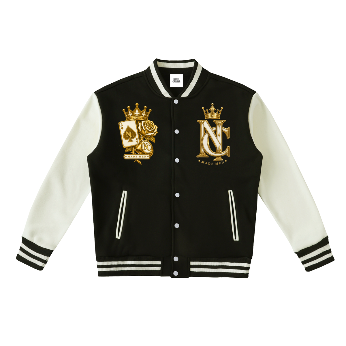 Noir Cartel Made Men Fleeced Varsity Jacket — The Apex Don | Black & Bone