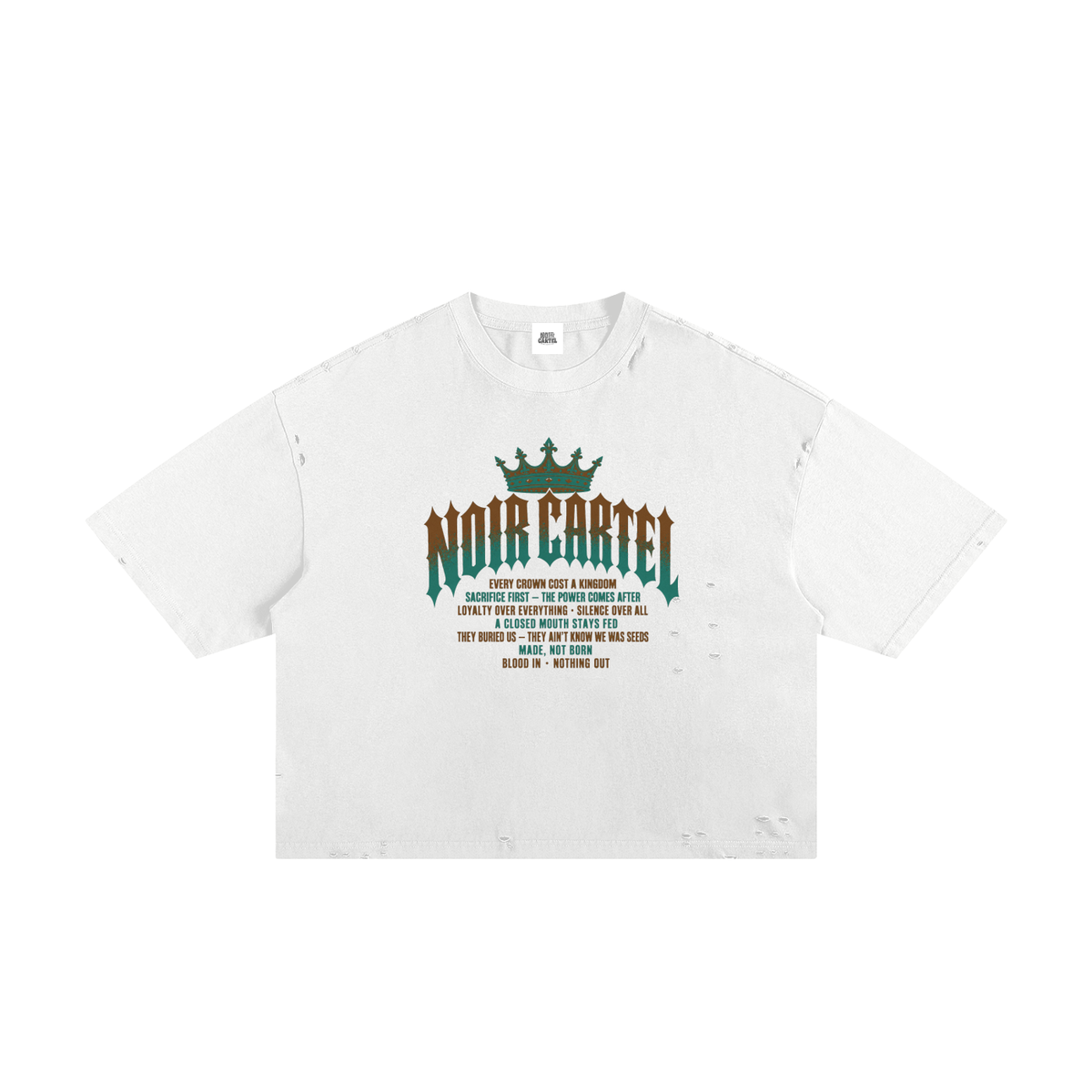 NOIR CARTEL MADE MEN — Blood Oath — Teal & Rust Frayed Boxy Tee