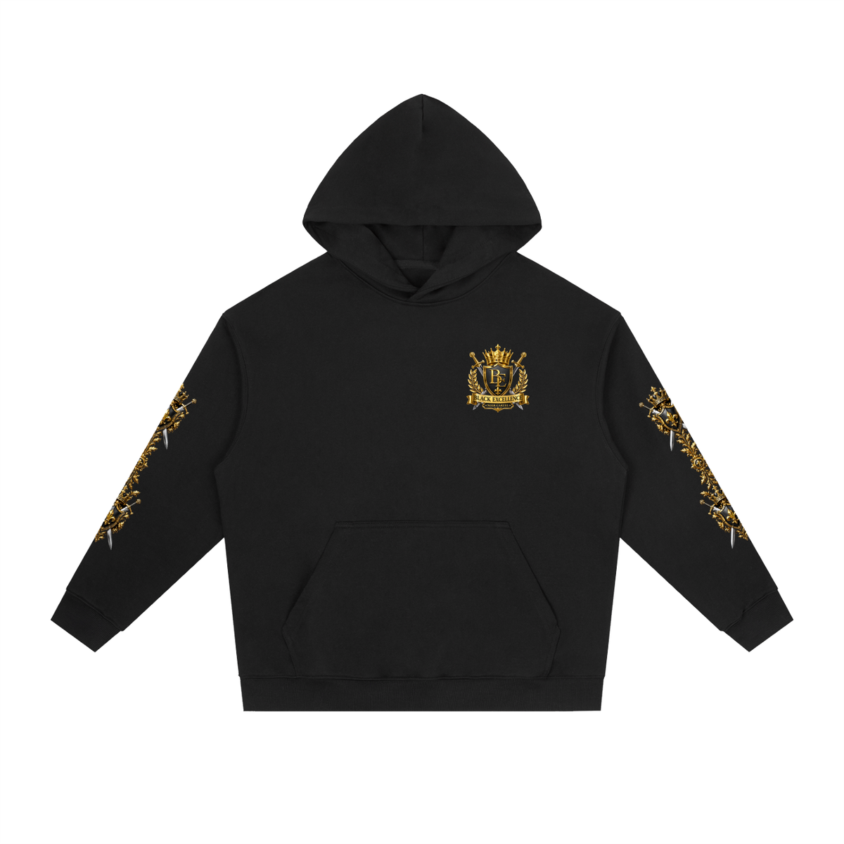 NOIR CARTEL BLACK EXCELLENCE — Crowned BE — Gold Essential Heavyweight Drop-Shoulder Hoodie — Black