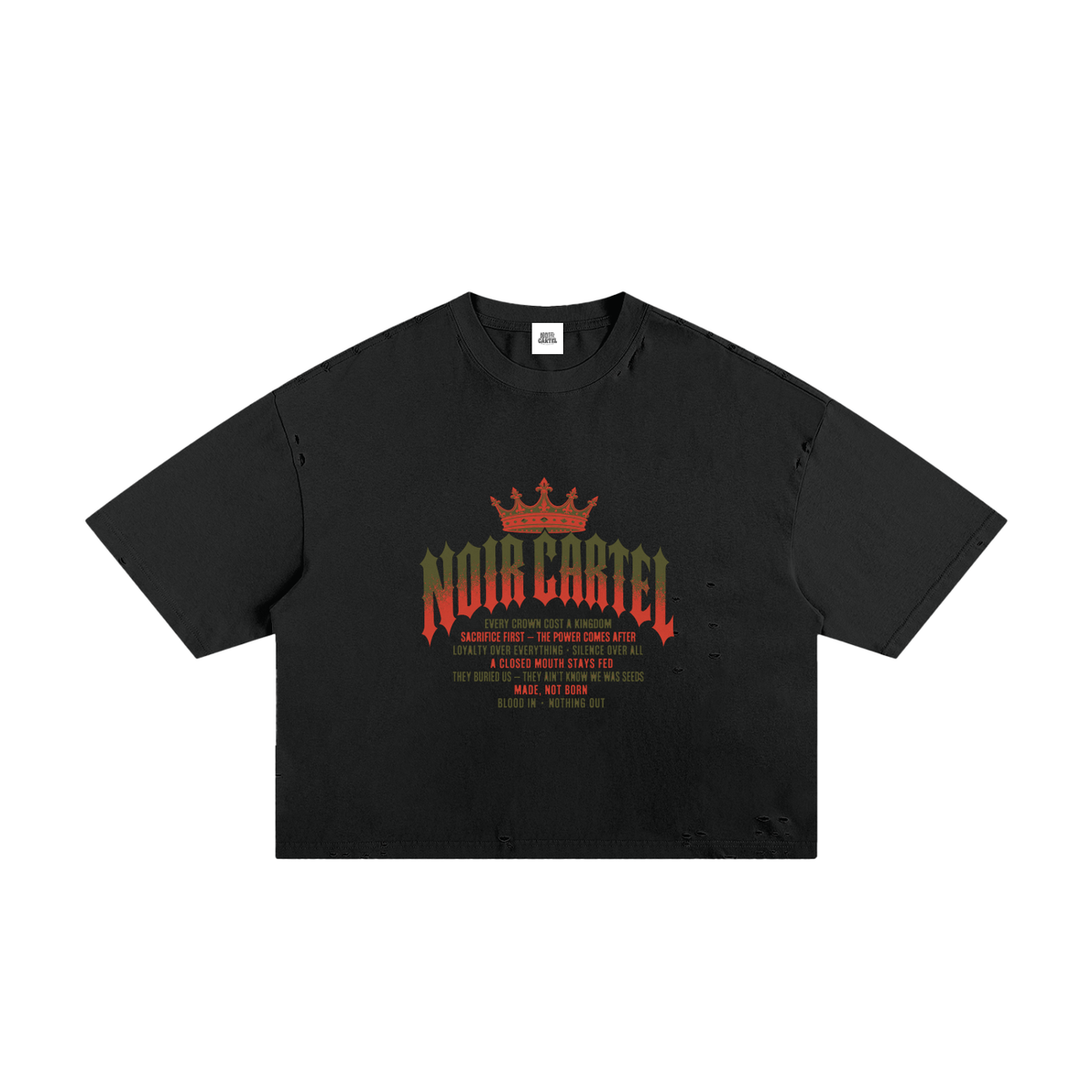 NOIR CARTEL MADE MEN — Blood Oath — Red & Green Frayed Boxy Tee — Black