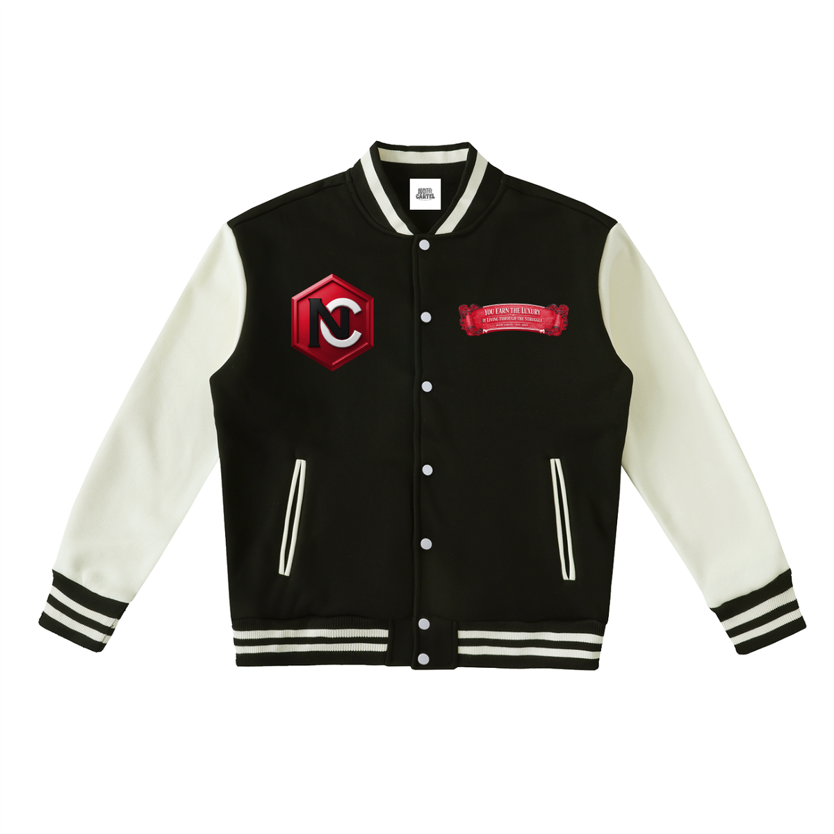 NOIR CARTEL CONTRABAND — Blood Money Varsity Jacket — Black with White