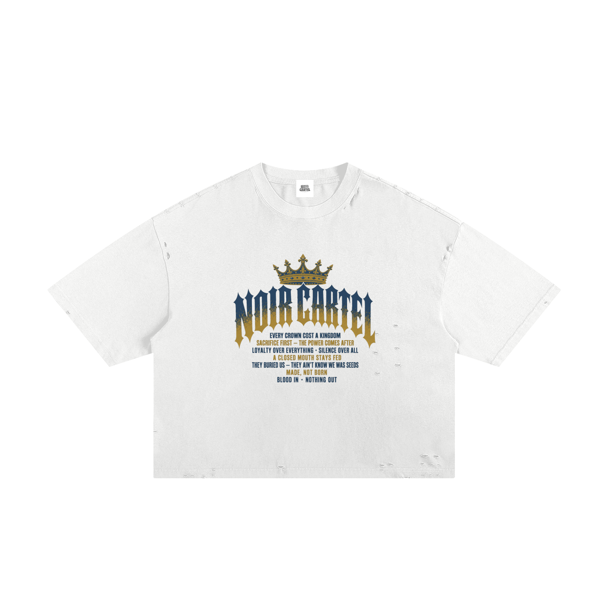 NOIR CARTEL MADE MEN — Blood Oath — Navy & Gold Frayed Boxy Tee