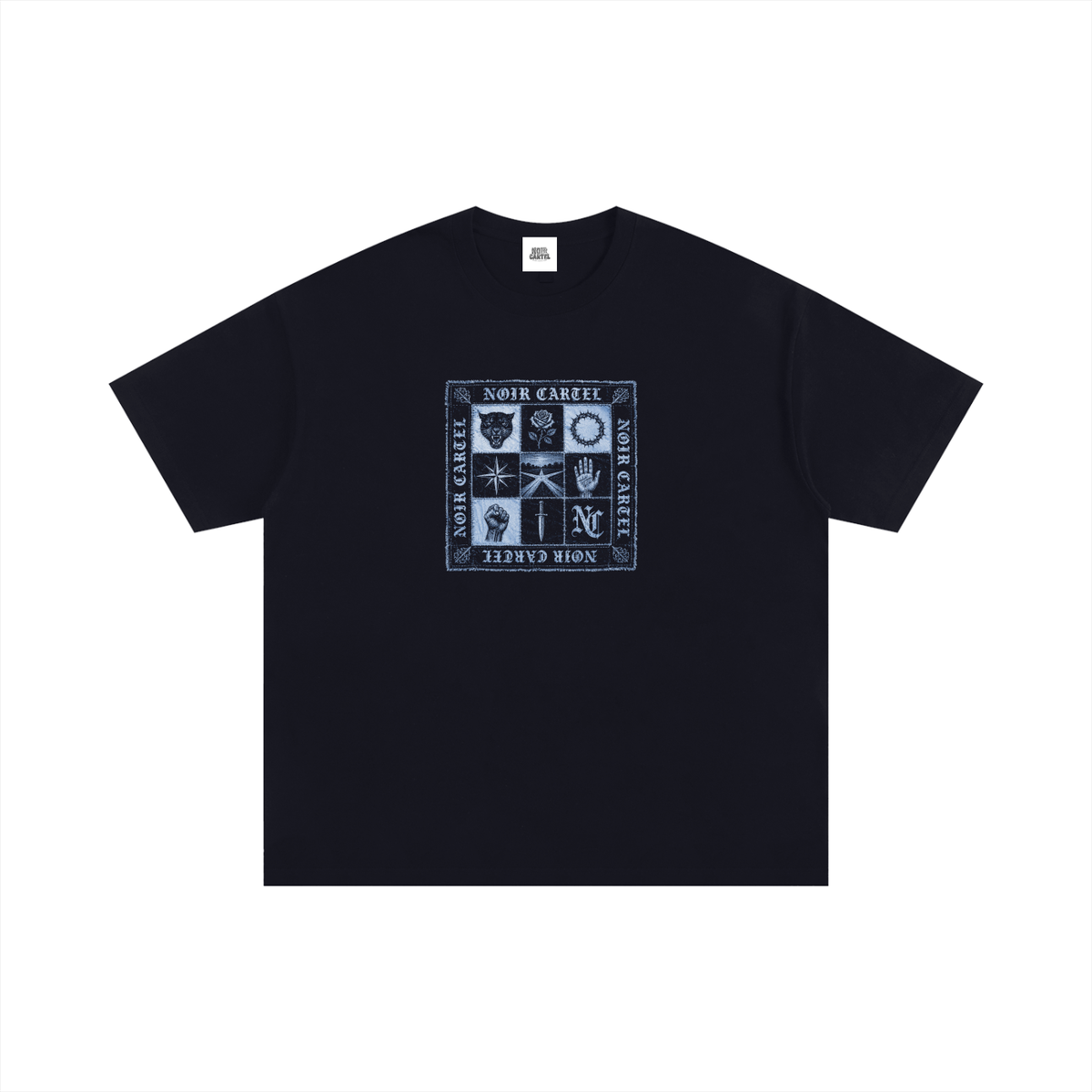 NOIR CARTEL QUILTED CODE — Follow the Stars — Ice Blue Oversized Cotton Tee — Black
