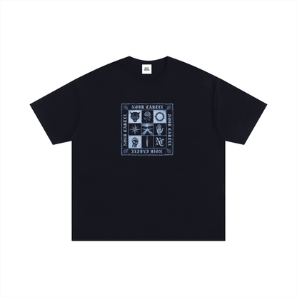 NOIR CARTEL QUILTED CODE — Follow the Stars — Ice Blue Oversized Cotton Tee — Black
