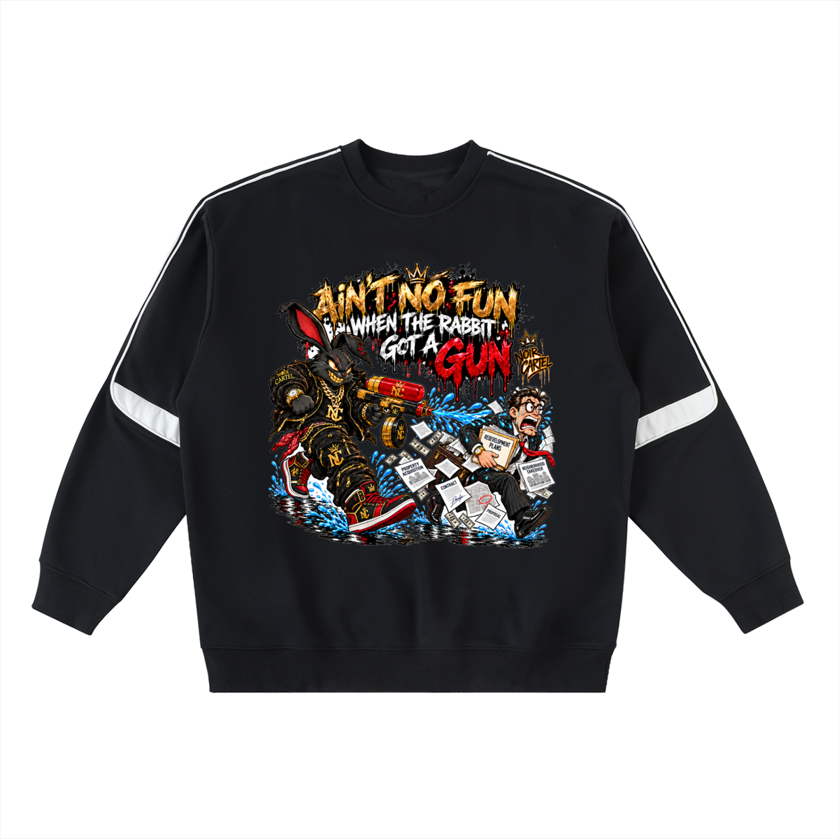 NOIR CARTEL TABLES TURN — Rabbit Got a Gun Oversized Crewneck Taped Sweatshirt — Black