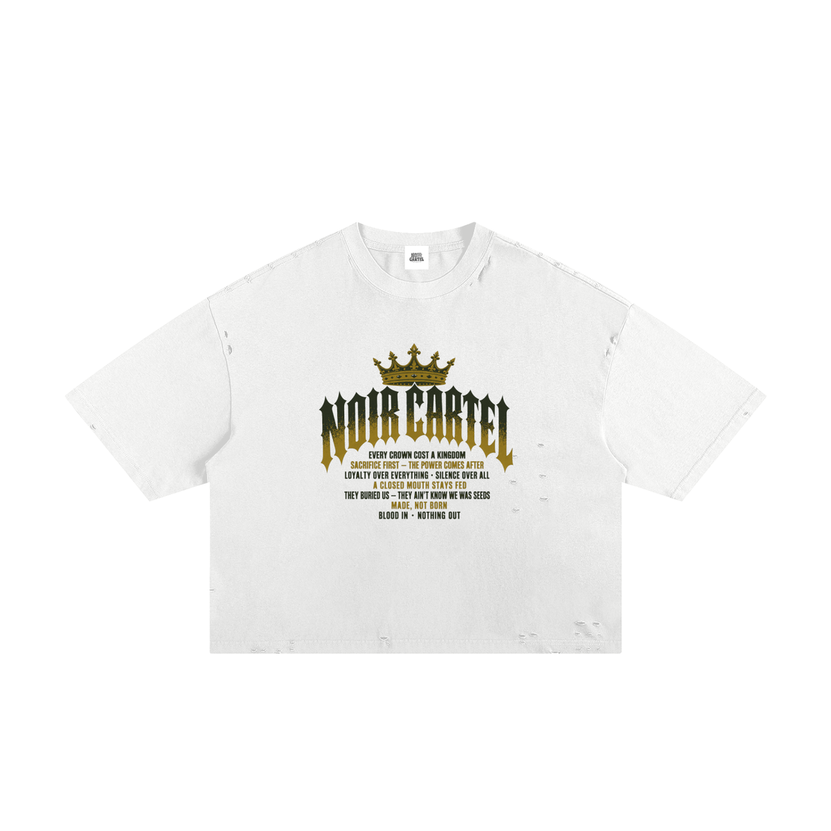 NOIR CARTEL MADE MEN — Blood Oath — Olive & Gold Frayed Boxy Tee