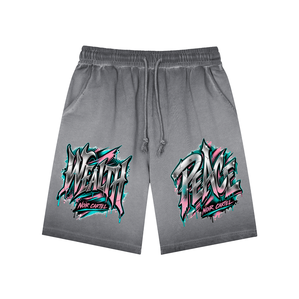 NOIR CARTEL SYNDICATE — Wealth in Peace Dark Gray Reverse-Dyed Shorts front