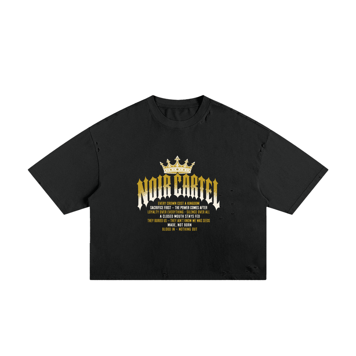 NOIR CARTEL MADE MEN — Blood Oath — Yellow & Bone Frayed Boxy Tee — Black