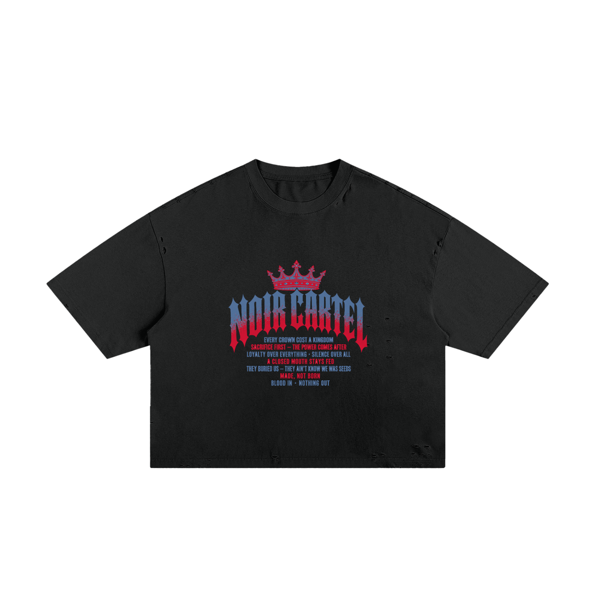 NOIR CARTEL MADE MEN — Blood Oath — Blue & Red Frayed Boxy Tee — Black