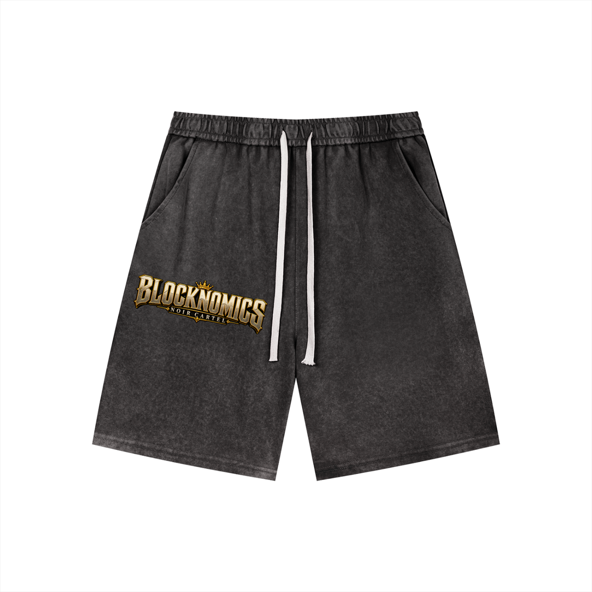 NOIR CARTEL BLOCKNOMICS — Block Minded Vintage Wash Drawstring Shorts — Black