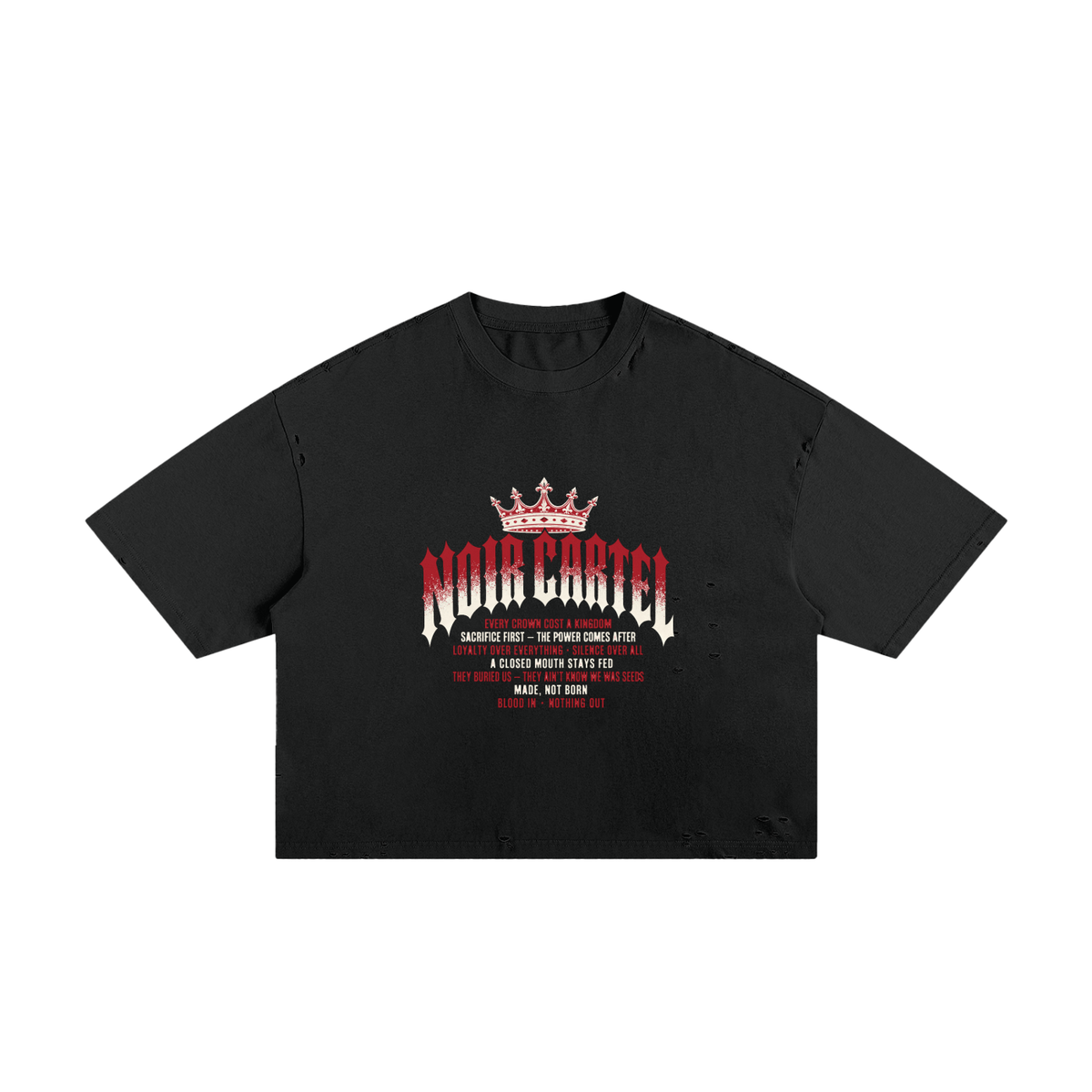NOIR CARTEL MADE MEN — Blood Oath — Red & Bone Frayed Boxy Tee — Black